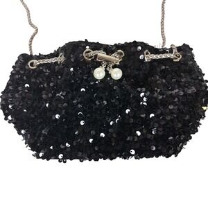 Vintage Sequin Evening Purse Faux Pearl Drawstring Pouch Bag Small Black